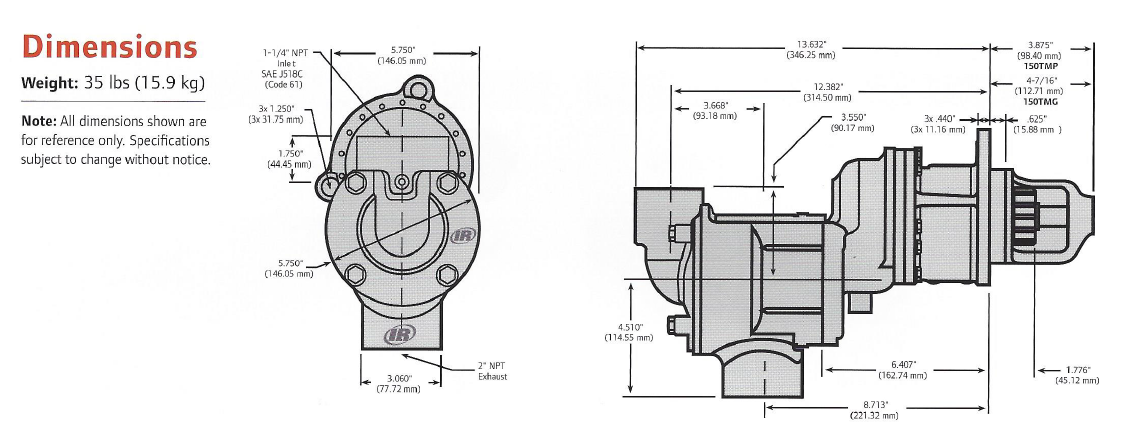 Ingersoll Rand ST150 Series Turbine Starter Dimensions